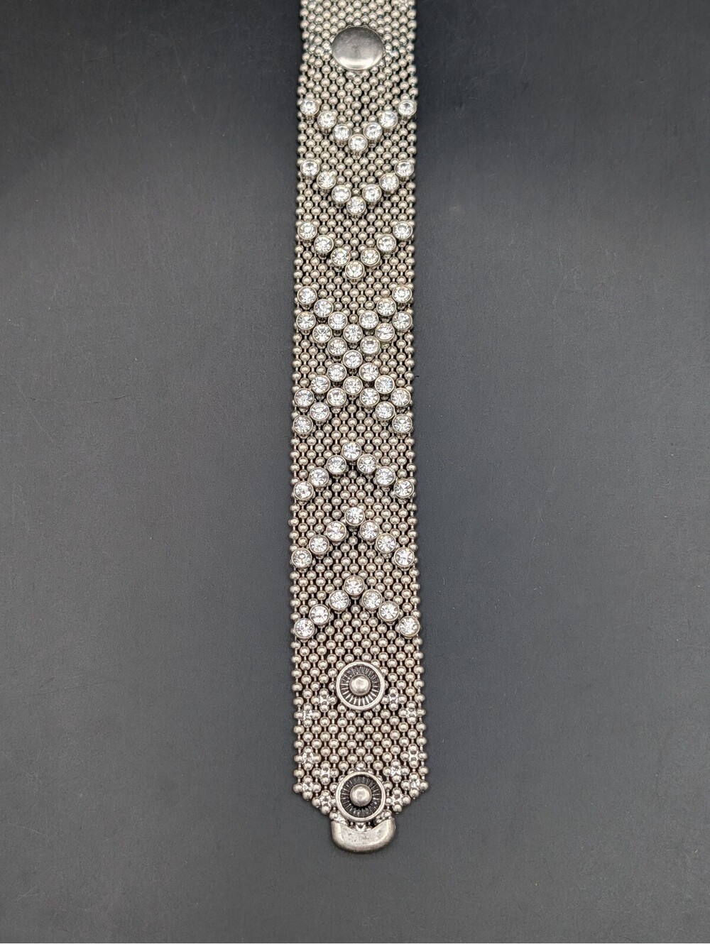 Vintage Liquid Ball Chain Silver Tone Chevron Rhinestone 1" Wide Snap Bracelet